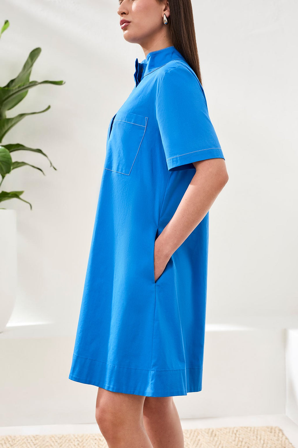 A-Line Stretch Poplin Snap Front Dress-Royal XL