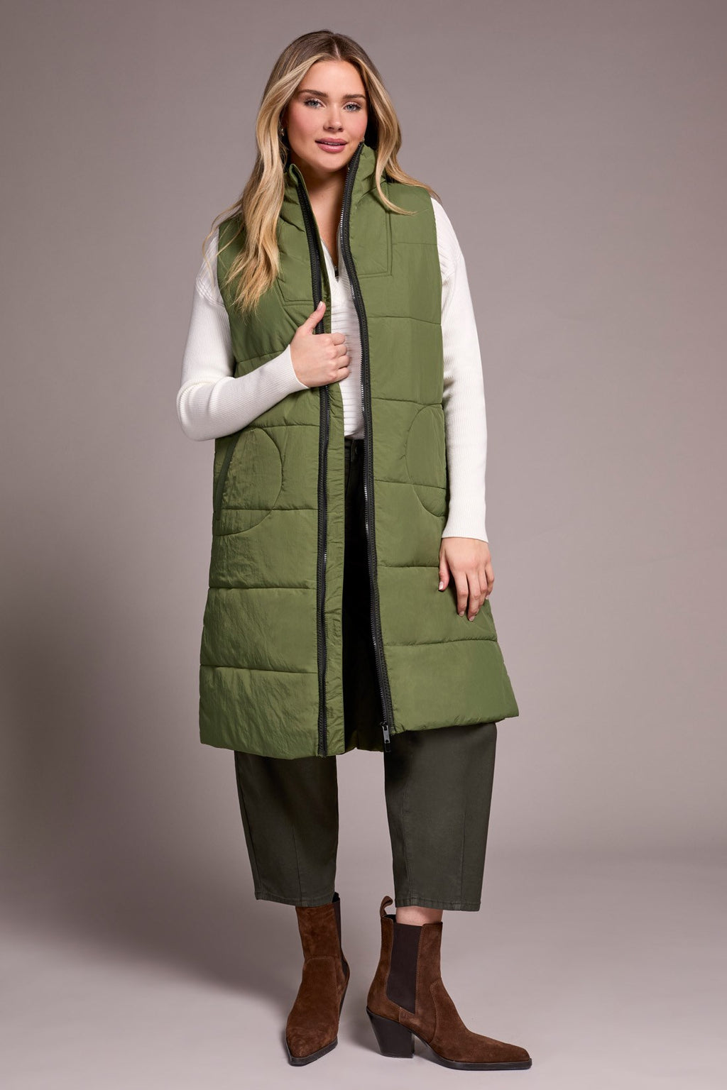 Tribal Long Puffer Vests Long Zip-Front Quilted Vest-Chive