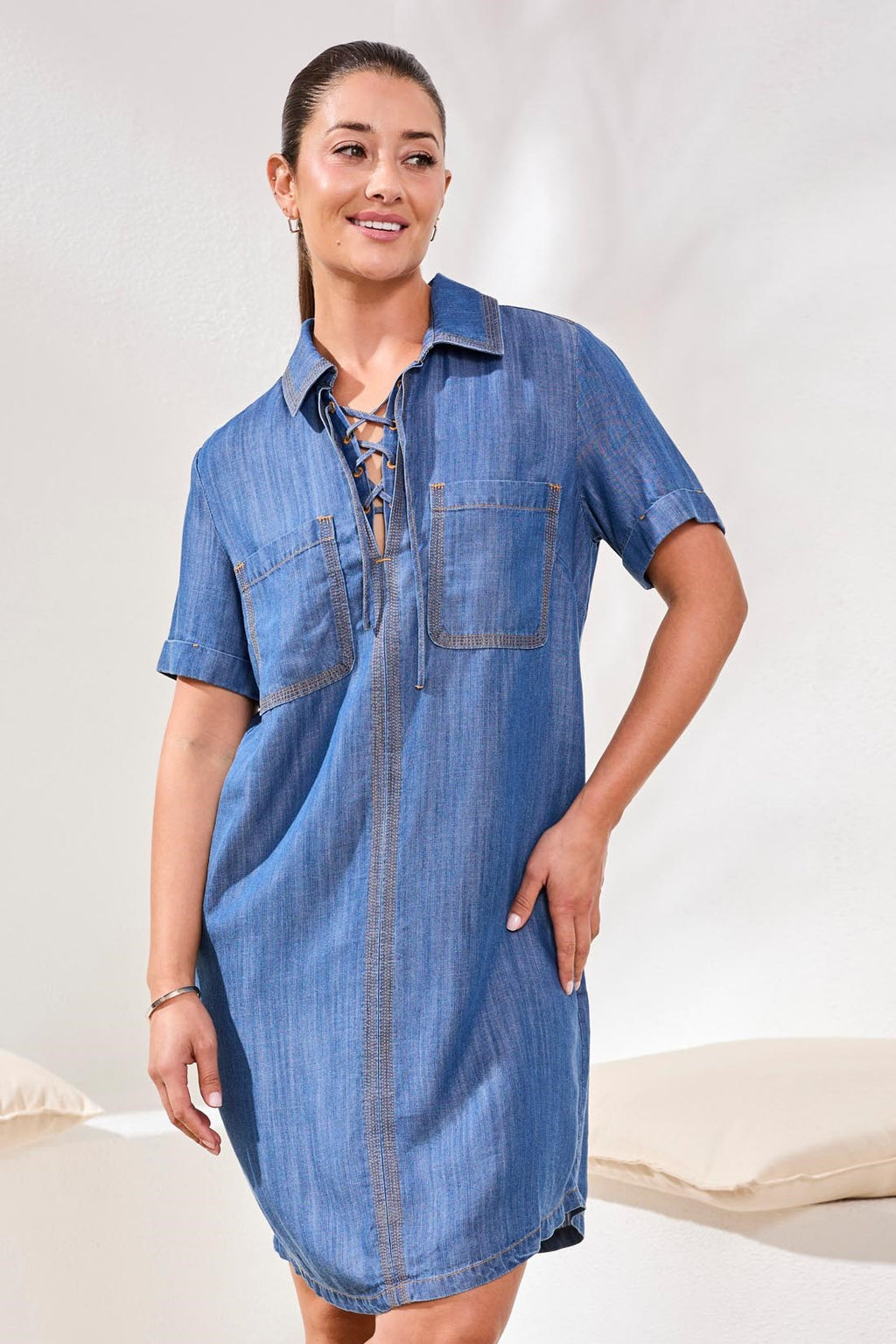 Popover Shirt Dress With Lace Up Detail-Seasideblue XXS