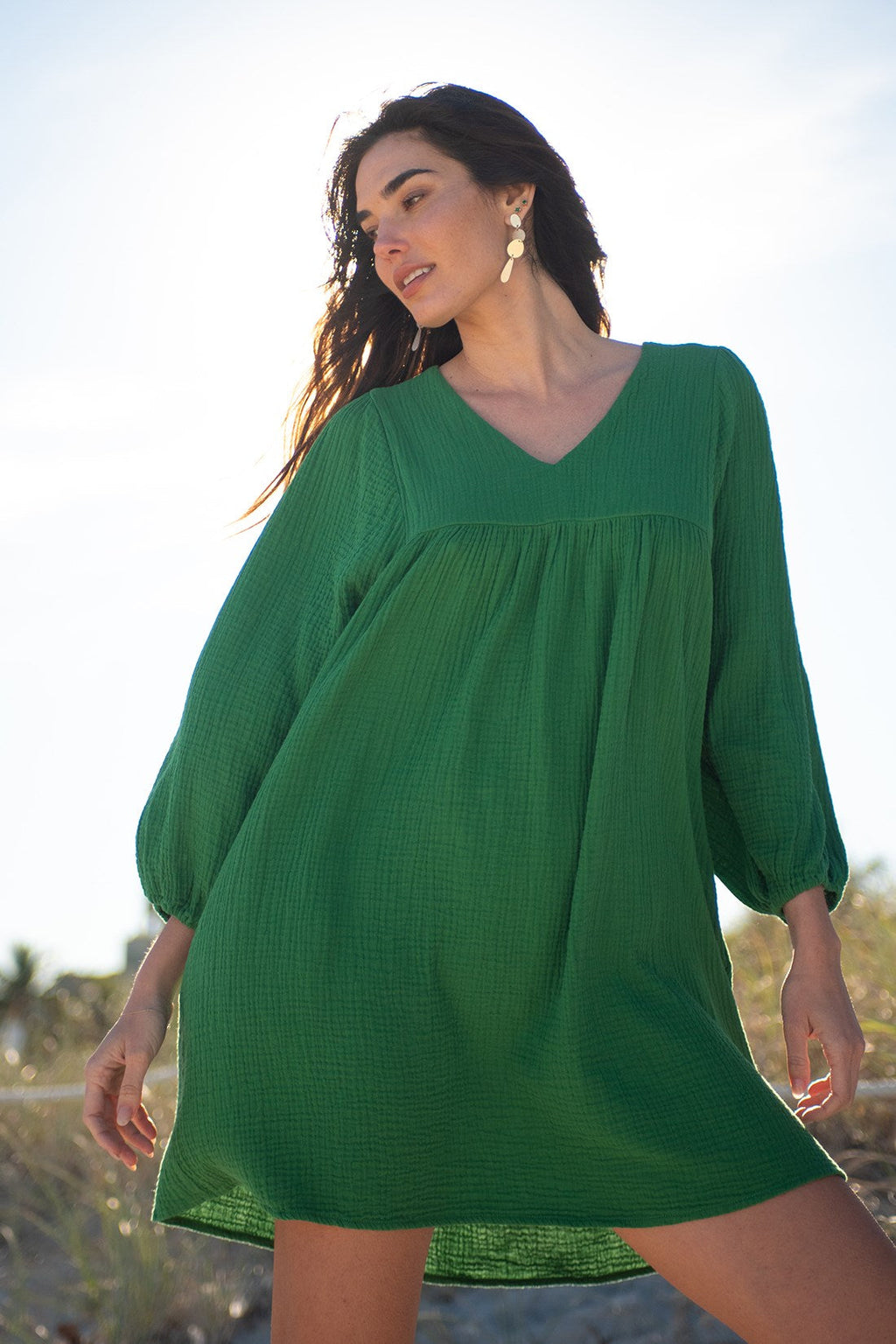 Crinkled Gauze Puff Sleeve Dress-Palmleaf – Tribal® Fashion