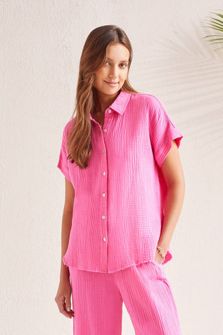 alt view 2 - COTTON GAUZE BUTTON-UP SHIRT WITH SHORT SLEEVES-Hi pink