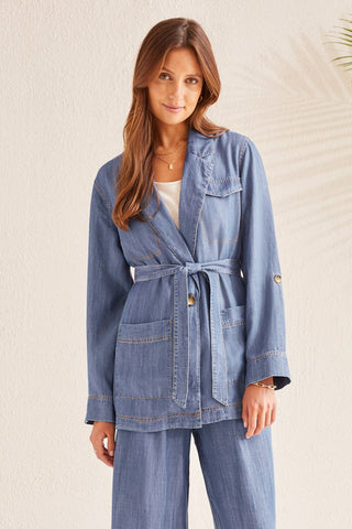 alt view 1 - FLOWY JACKET WITH REMOVABLE BELT-Dk. chambray