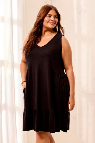 Size Inclusive Knit Sleeveless V-Neck Dress-Black