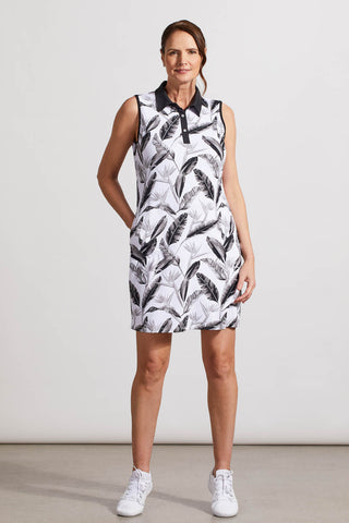 PRINTED POLO DRESS WITH BUILT-IN SHORTS-Black leaf