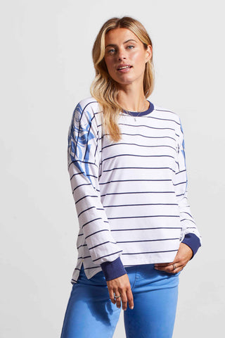 alt view 1 - STRIPE LONG-SLEEVE CREW NECK TOP WITH DROP SHOULDER-White