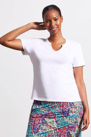 COTTON RIB NOTCH-NECK TOP WITH SHORT SLEEVES-White