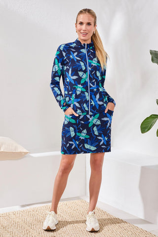 Printed Mock-Neck Cardigan With Long Sleeves-Blue surf