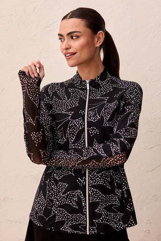 Printed Mock-Neck Cardigan With Long Sleeves-Black floral