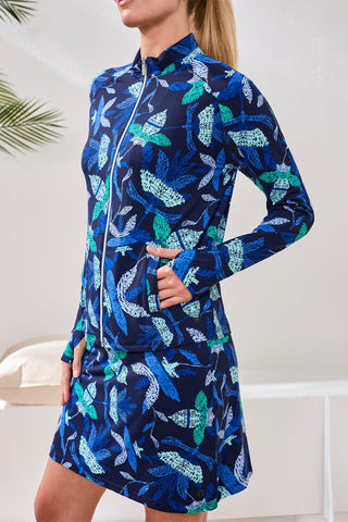 Printed Mock-Neck Cardigan With Long Sleeves-Blue surf