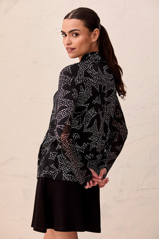 Printed Mock-Neck Cardigan With Long Sleeves-Black floral