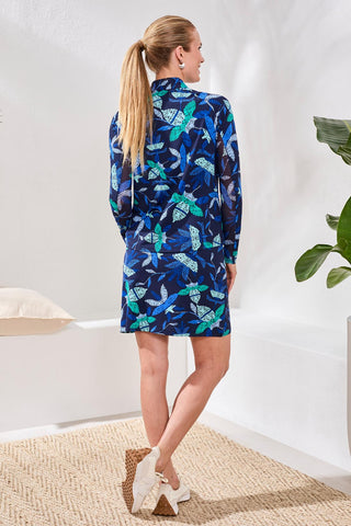 Printed Mock-Neck Cardigan With Long Sleeves-Blue surf