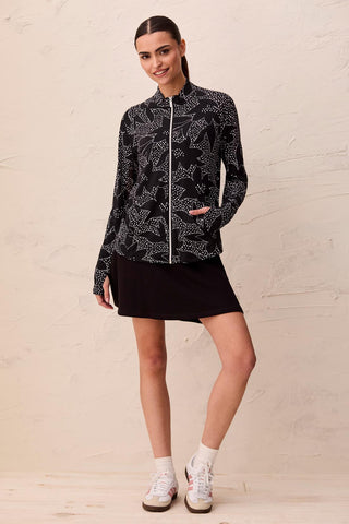 Printed Mock-Neck Cardigan With Long Sleeves-Black floral