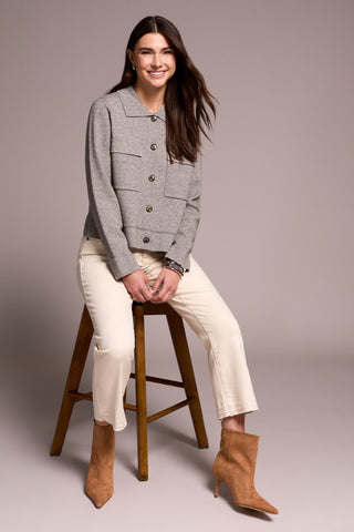 Double Knit Collared Sweater Cardigan-Grey Mix