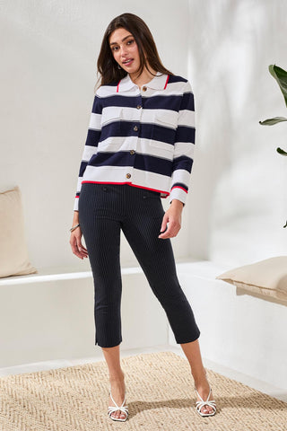 Double Knit Button-Front Stripe Cardigan-Jet blue