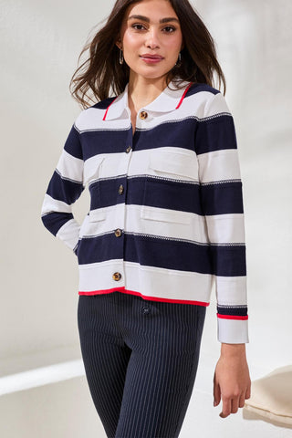 Double Knit Button-Front Stripe Cardigan-Jet blue