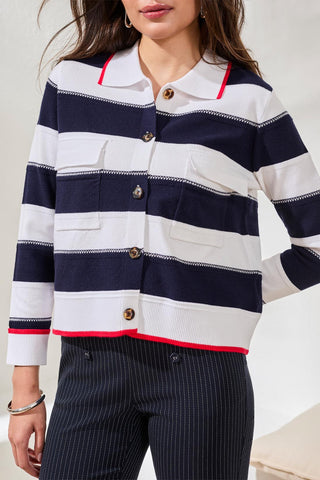 Double Knit Button-Front Stripe Cardigan-Jet blue