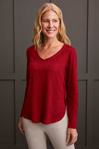 JACQUARD KNIT TOP WITH CURVED HEM-Scarlet