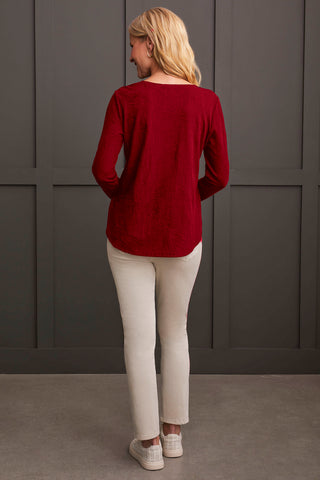 JACQUARD KNIT TOP WITH CURVED HEM-Scarlet