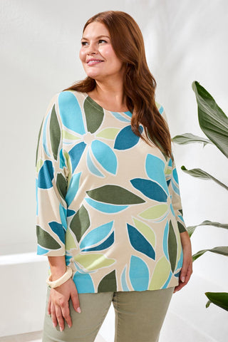 Printed Three-Quarter Sleeve Crew Neck Sweater-Aqua sky