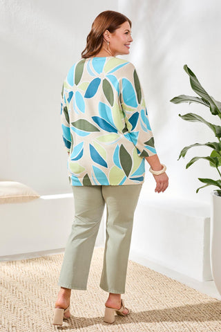 Printed Three-Quarter Sleeve Crew Neck Sweater-Aqua sky