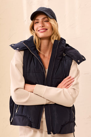 Quilted Puffer Vest With Removable Hood-Sapphire
