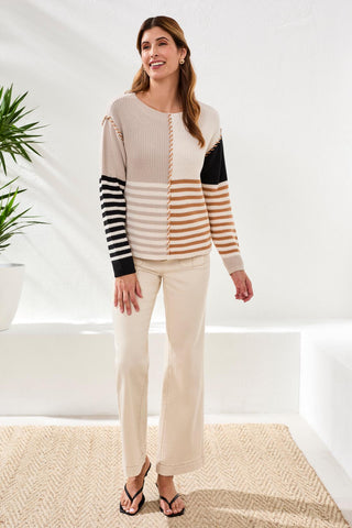 Multi Stripe Textured Boat Neck Sweater-Quartz