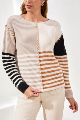 Multi Stripe Textured Boat Neck Sweater-Quartz