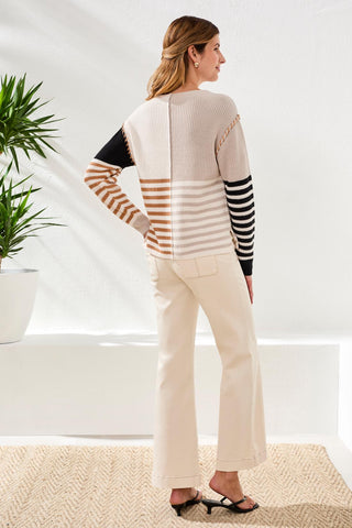 Multi Stripe Textured Boat Neck Sweater-Quartz