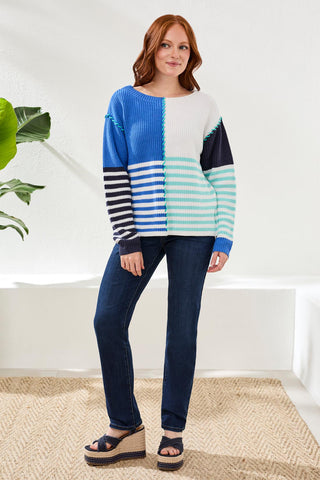 Multi Stripe Textured Boat Neck Sweater-Seashore