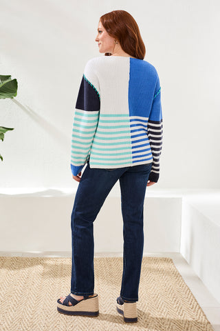Multi Stripe Textured Boat Neck Sweater-Seashore