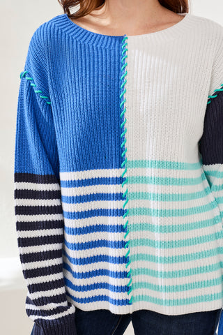 Multi Stripe Textured Boat Neck Sweater-Seashore