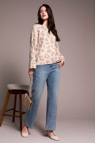 Sequin Animal Print Crew Neck Jacquard Sweater-Sandstone