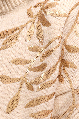 Sequin Floral Applique Mock Neck Sweater-H latte