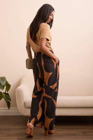 Flowy Abstract Flare Leg Pants-Bran