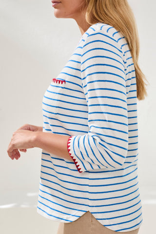 Haut À Rayures Texturées Manches 3/4 Avec Détail Contrastant
-Royal