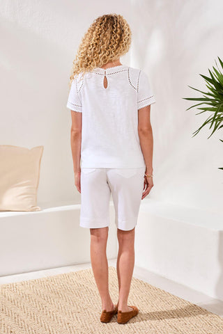 Haut En Coton Flammé À Manches Courtes Avec Détail En Dentelle
-Blanc