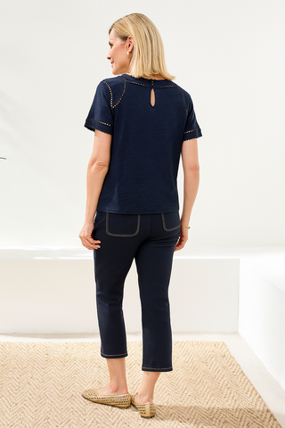 Haut En Coton Flammé À Manches Courtes Avec Détail En Dentelle
-Bleu Jet