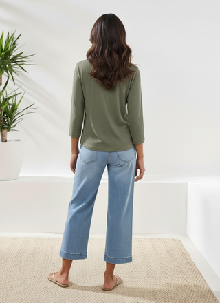 Slub Knit 3/4 Sleeve Scoop Neck Top With Buttons-Moss