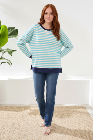 Striped French Terry Crew Neck Top With Combo Trim-Aqua sky