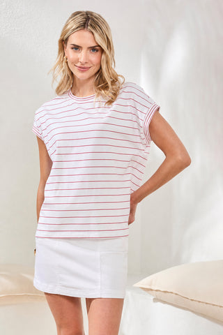 Stripe Jersey Cap Sleeve Crew Neck Top-Sangria