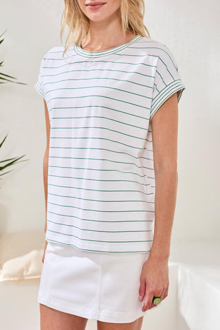 Stripe Jersey Cap Sleeve Crew Neck Top-Grass