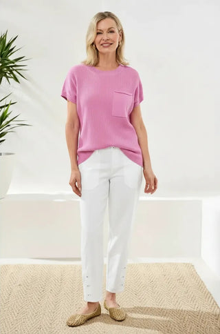 Dolman Short Sleeve Ribbed Knit Top With Pocket-Wisteria