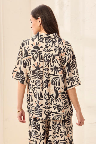 Linen Short Sleeve Button-Front Printed Camp Shirt-Canvas