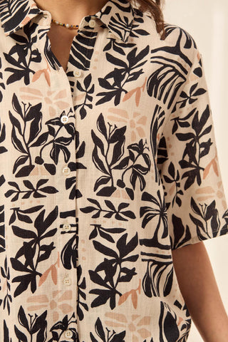 Linen Short Sleeve Button-Front Printed Camp Shirt-Canvas