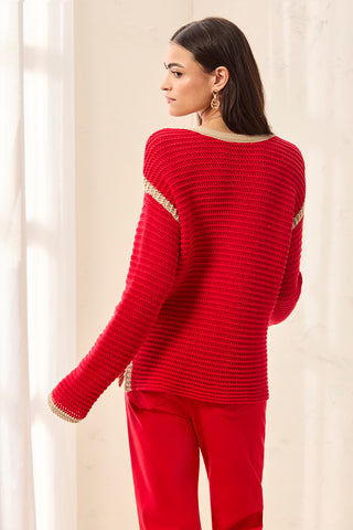 Notch Collar Sweater With Tassel Tie-Sangria