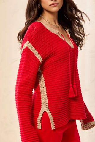 Notch Collar Sweater With Tassel Tie-Sangria