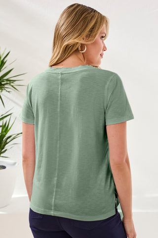 Slub Knit V-Neck Top With Double Trim Detail-Moss