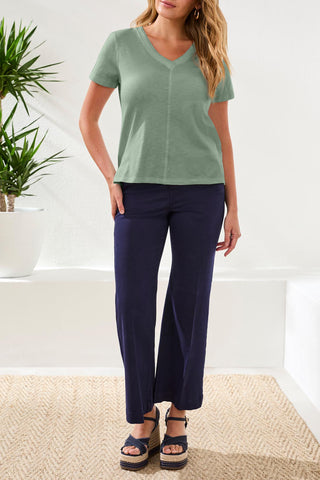 Slub Knit V-Neck Top With Double Trim Detail-Moss