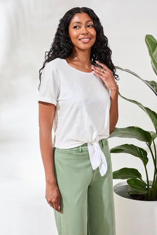 Slub Knit Tie-Front Short Sleeve Crew Neck Top-White