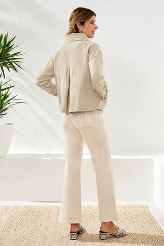 Slub Twill Button Front Jacket With Drawcord Collar-Canvas